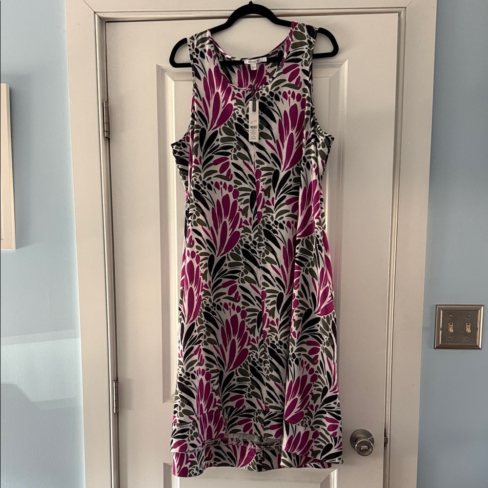 Chico's Sleeveless Floral Midi Dress in Magenta, Black & Cream